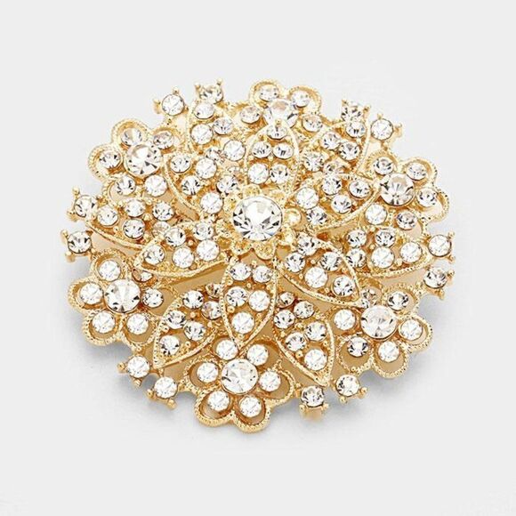 Flower Bouquet Crystal Gold Pin Brooch - Picture 1 of 4